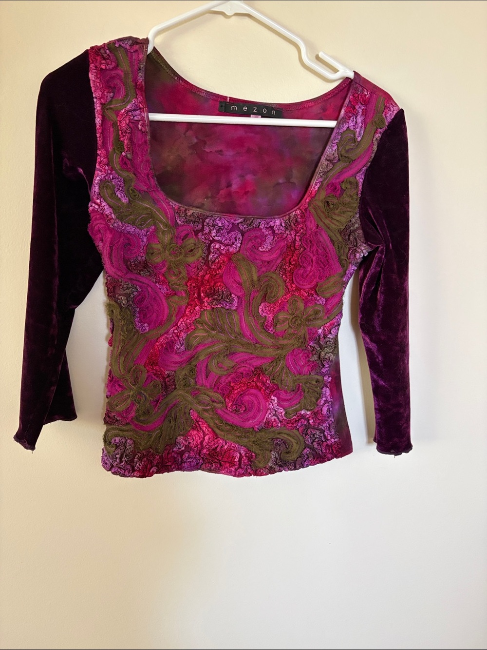 Mezon Magenta Velvet Long-Sleeve Scoop Neck Top with Olive Embroidery